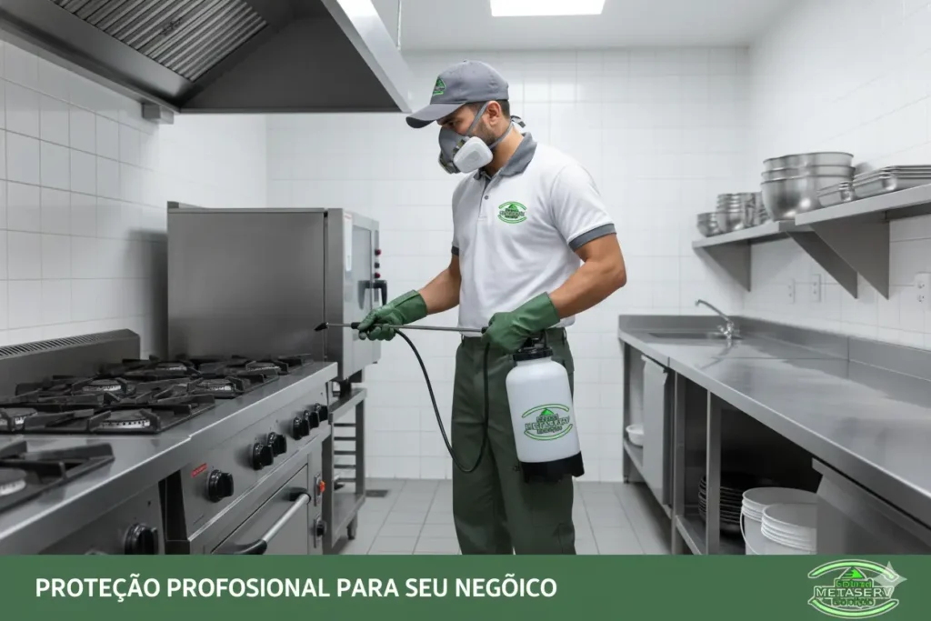 Foto detetizador da Metaserv realizando dedetização em uma cozinha industrial